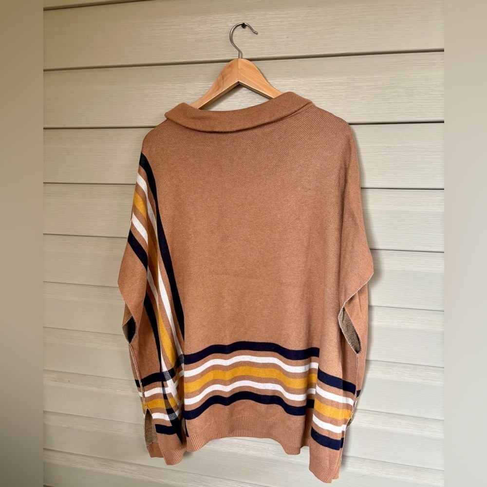 TALBOTS Sabrina poncho sweater preppy classic fall tan navy mustard EUC sz M/L - Picture 7 of 15